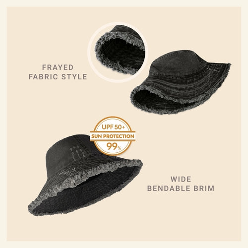 Wide Brim Frayed Bucket Hat for Summer – Lightweight Cotton Sun Hat